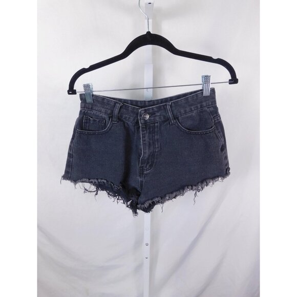 Shein Shorts Womens Medium Black Denim Cutoff Raw Frayed Hem Embroidered Flames - Picture 1 of 12